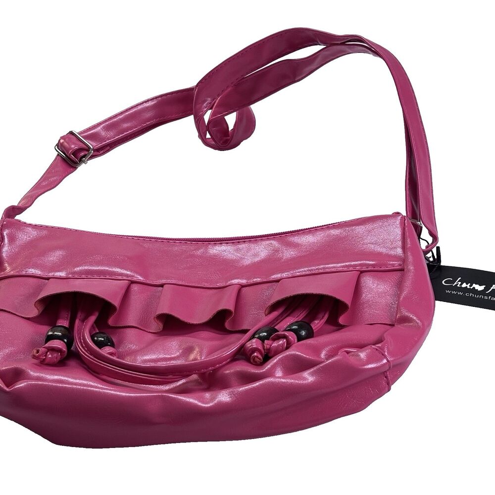 Y2K Hot Pink Shoulder Bag Ruffle Faux Leather Barbiecore 2000s Mini Purse NMWT - Picture 3 of 9